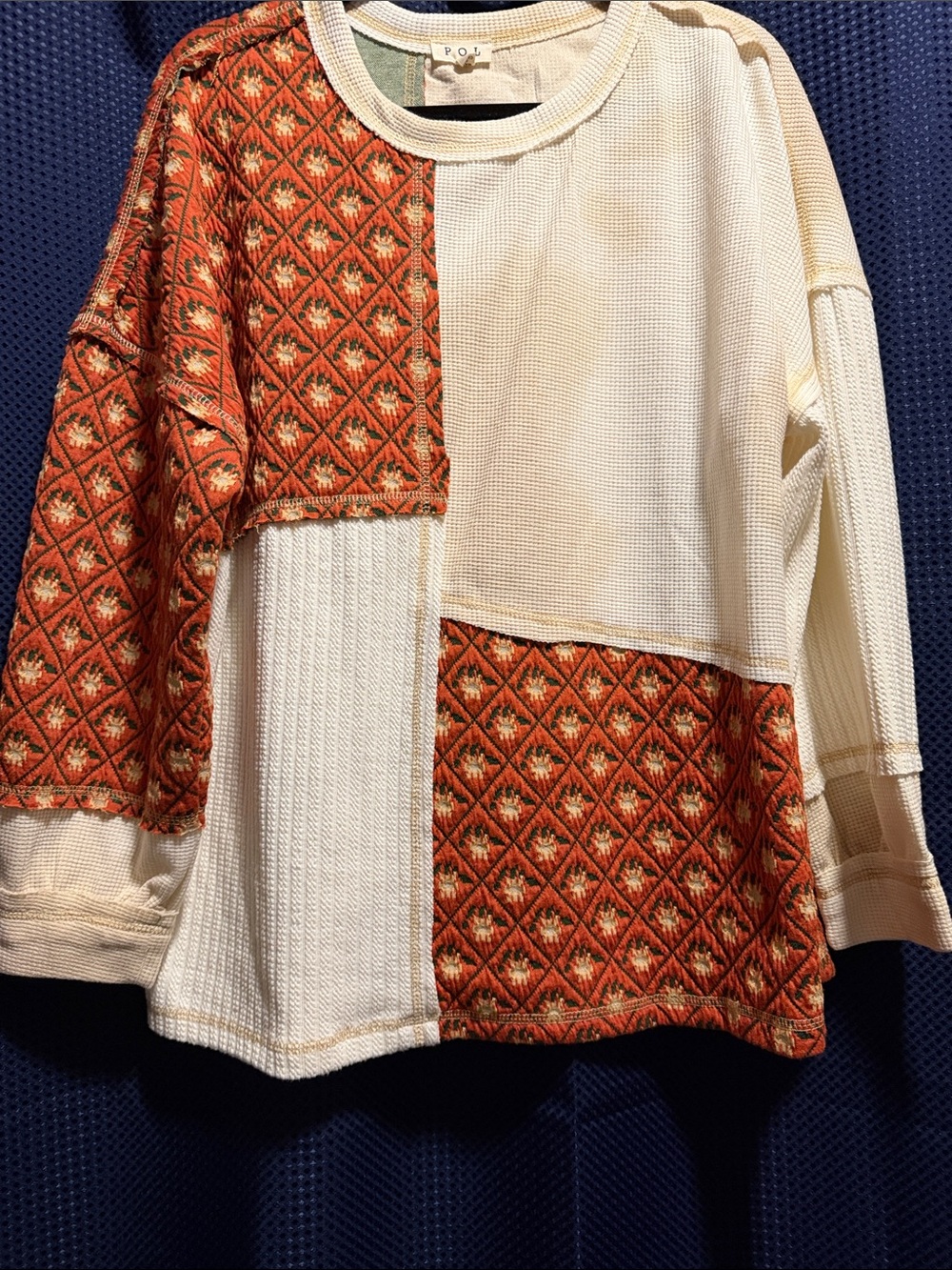 POL Cream and Rust Patchwork Waffle-Knit Pullover